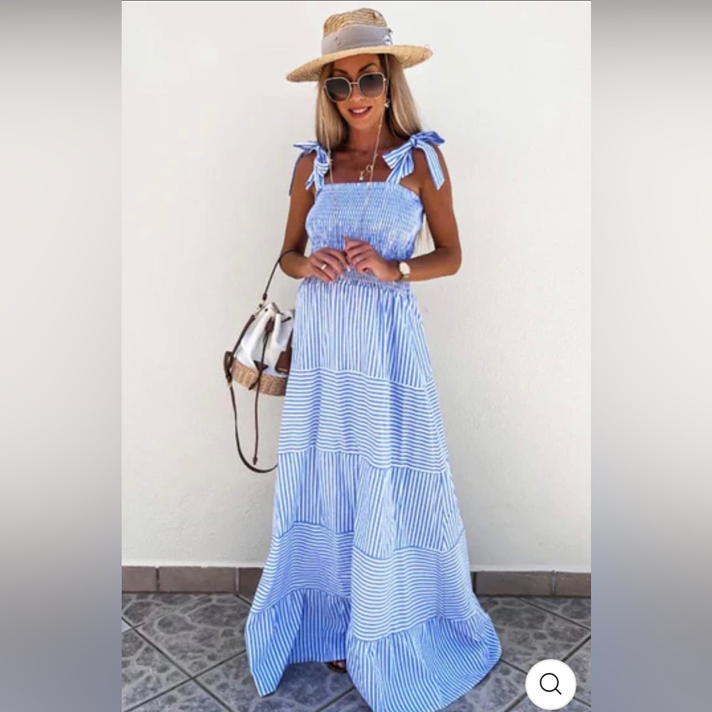 MARTINE Shirred Striped Maxi Dress - BLUE NWT - Picture 2 of 10